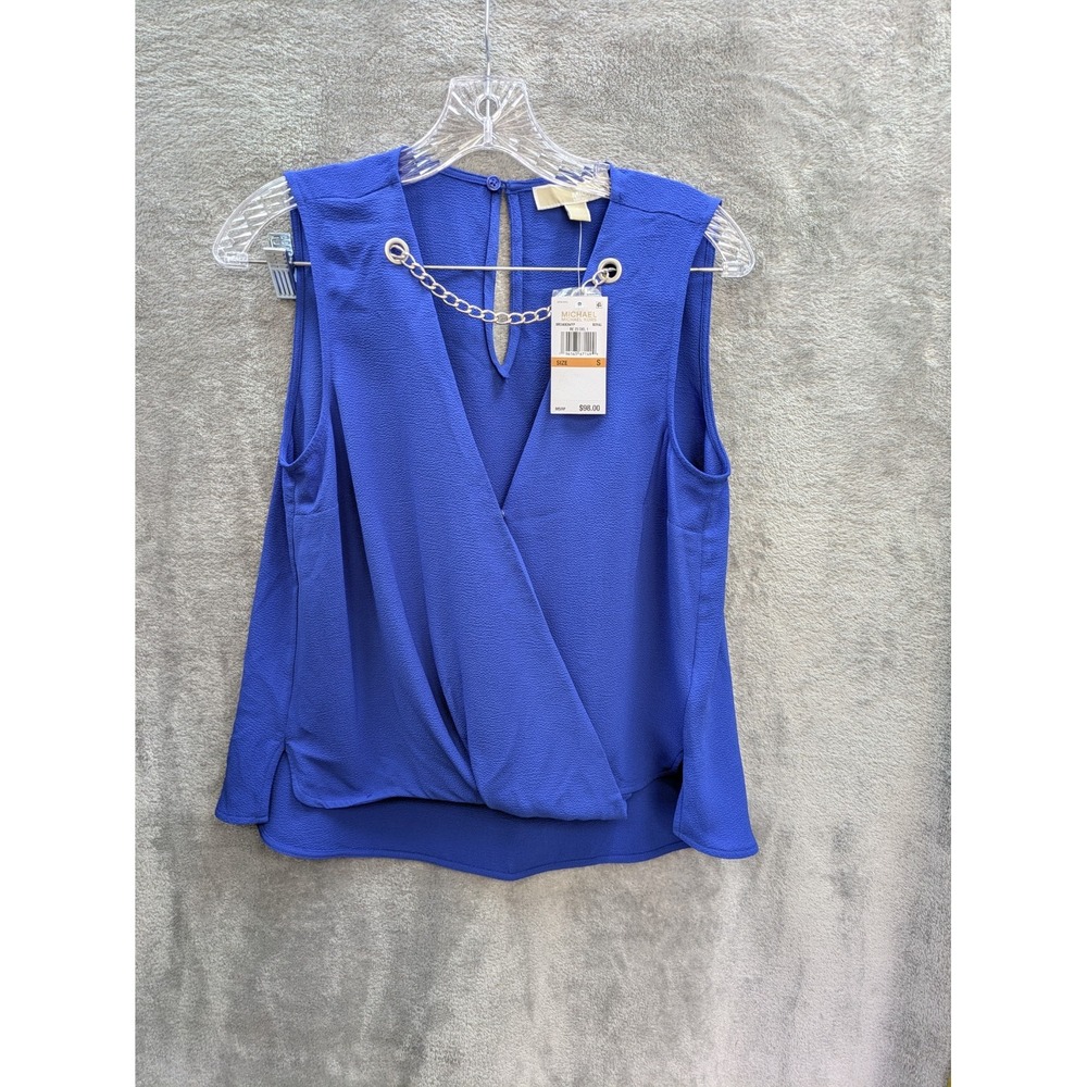 Michael Kors Top Small Royal Cobalt Blue Chain Detail VNeck Faux Wrap Sleeveless